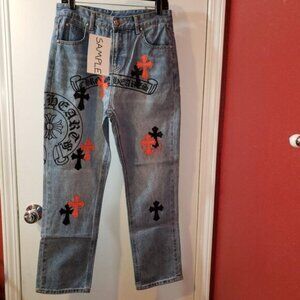 CHROME HEARTS JEANS BLUE DENIM NEW SHOWROOM SAMPLE MENS BLACK RED CROSS PATCH